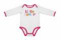 Baby girl white long sleeve Little Sister bodysuit with pink trim on white background