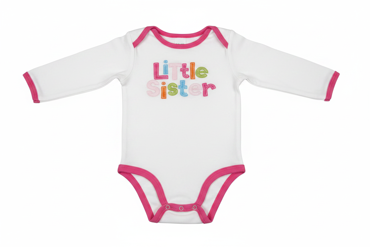 Baby girl white long sleeve Little Sister bodysuit with pink trim on white background