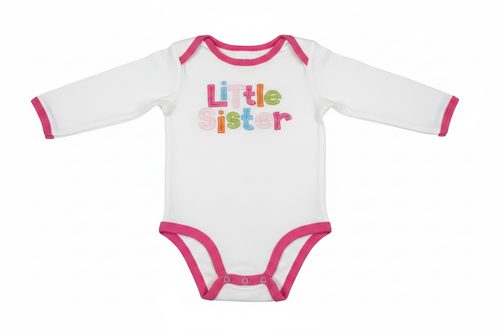 Baby girl white long sleeve Little Sister bodysuit with pink trim on white background