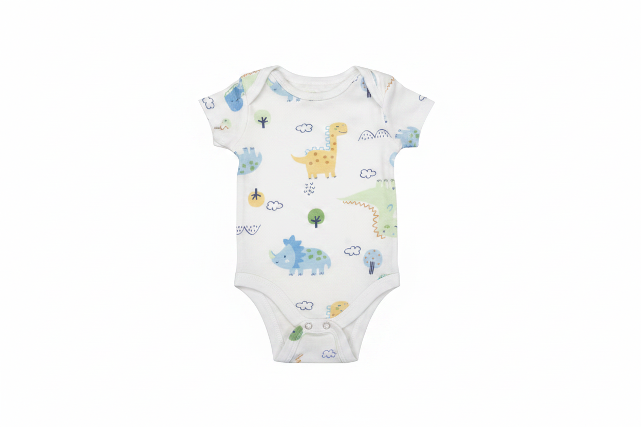 White baby onesie with pastel dinosaur print on white background