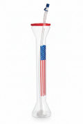 Tall clear patriotic yard cup with American flag design, red lid and blue straw on white background