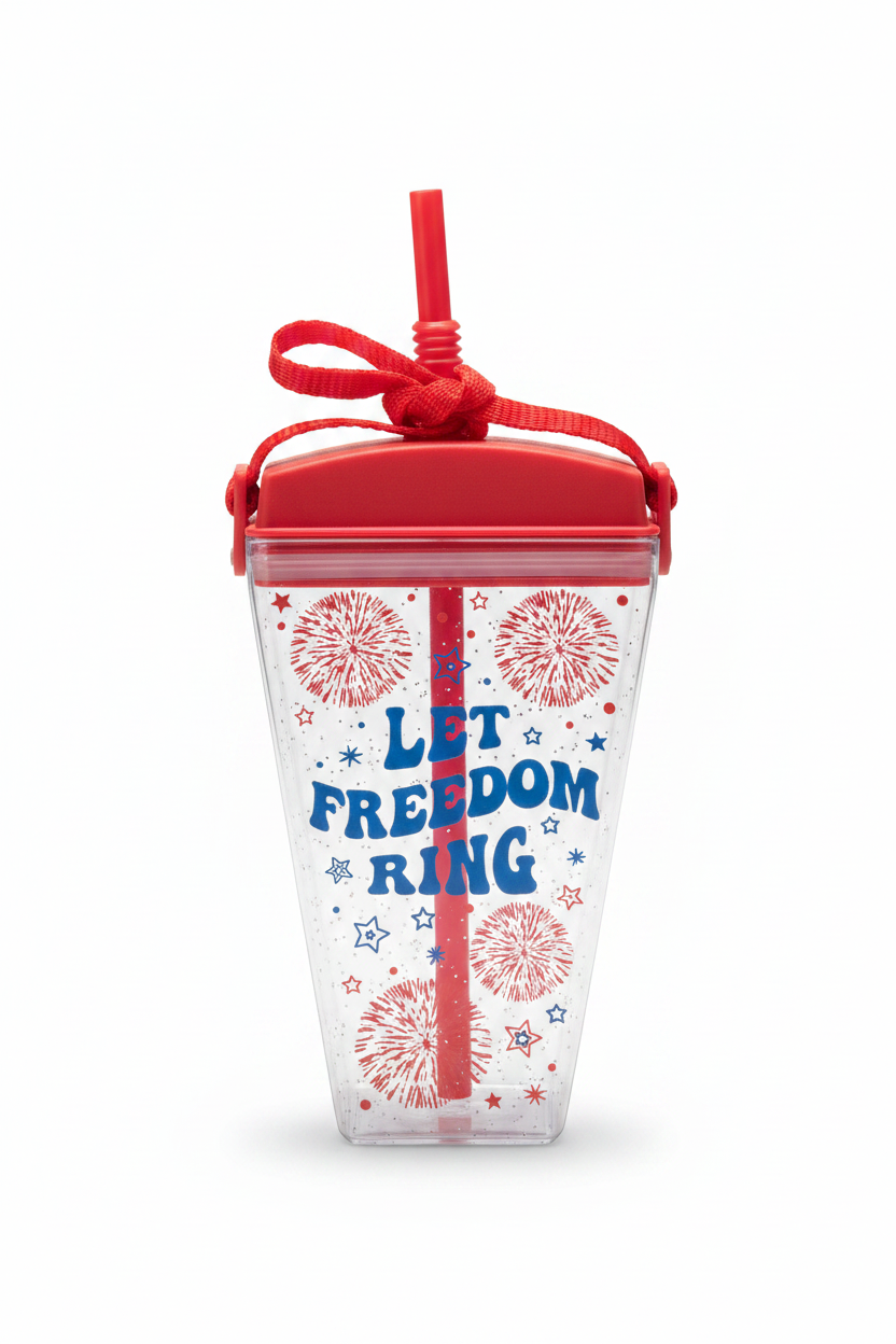 Clear square tumbler with red lid and Let Freedom Ring fireworks design, back view on white background