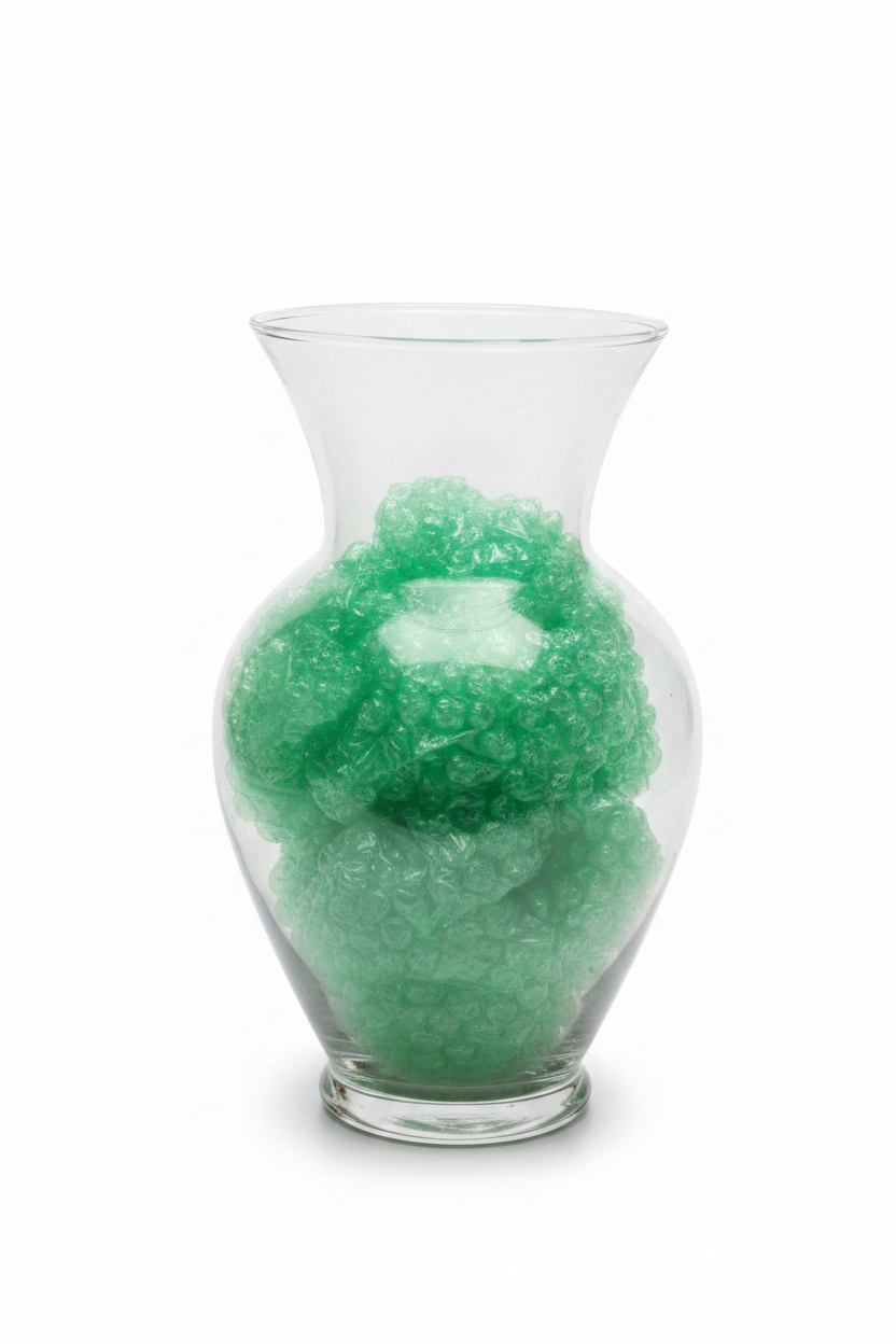 Clear glass vase filled with green decorative gem stones on white background