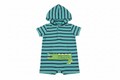 Teal and navy striped hooded baby romper with crocodile applique on white background