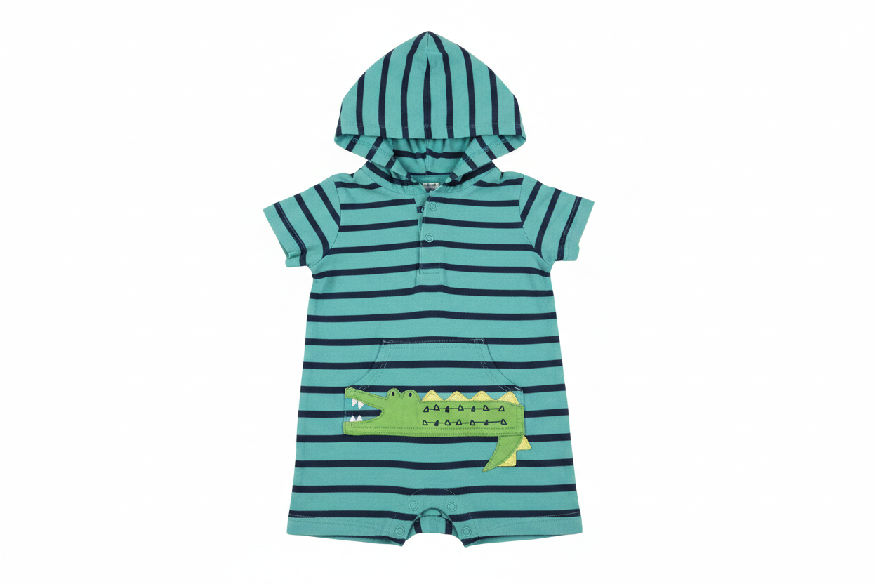 Teal and navy striped hooded baby romper with crocodile applique on white background