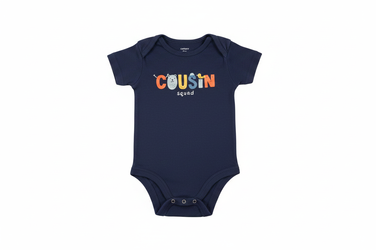 Carter's Cousin Squad navy baby onesie on white background