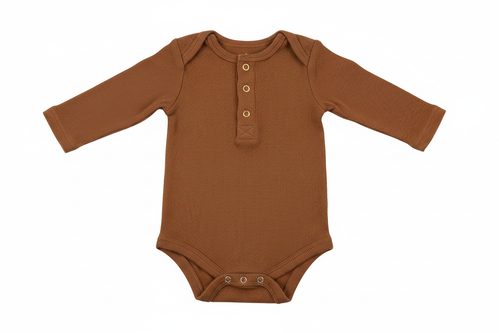 Brown ribbed henley baby long sleeve onesie on white background