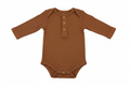 Brown ribbed henley baby long sleeve onesie on white background