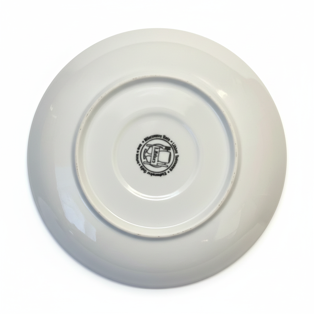 Back of vintage pink floral ceramic plate showing maker's mark, white background